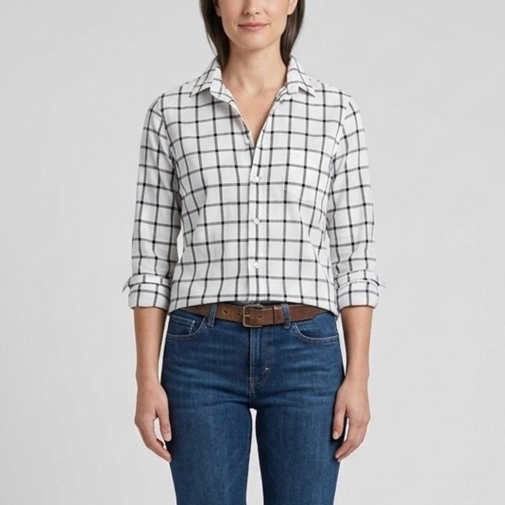 Frank & Eileen Barry White Black Windowpane Plaid Cotton Button Up Shirt Small